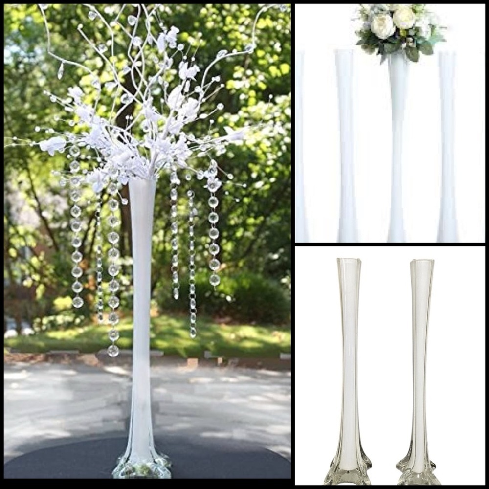 2 White Blown Glass Eiffel Tower 12” Tall Centerpiece Wedding Decor Vases